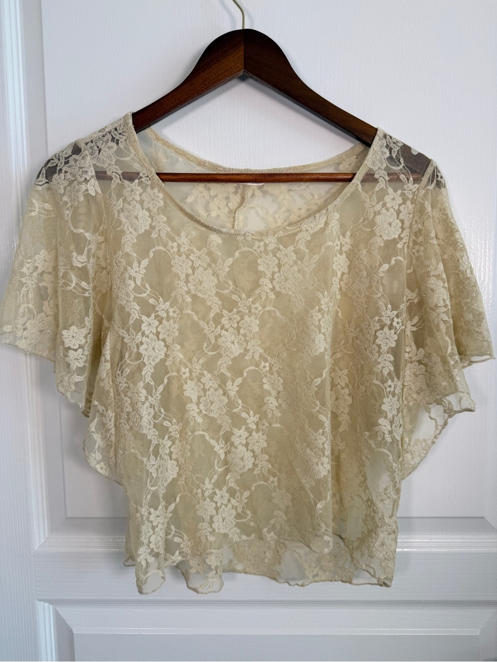 Sheer Floral Lace Flutter Sleeve Blouse in Cream